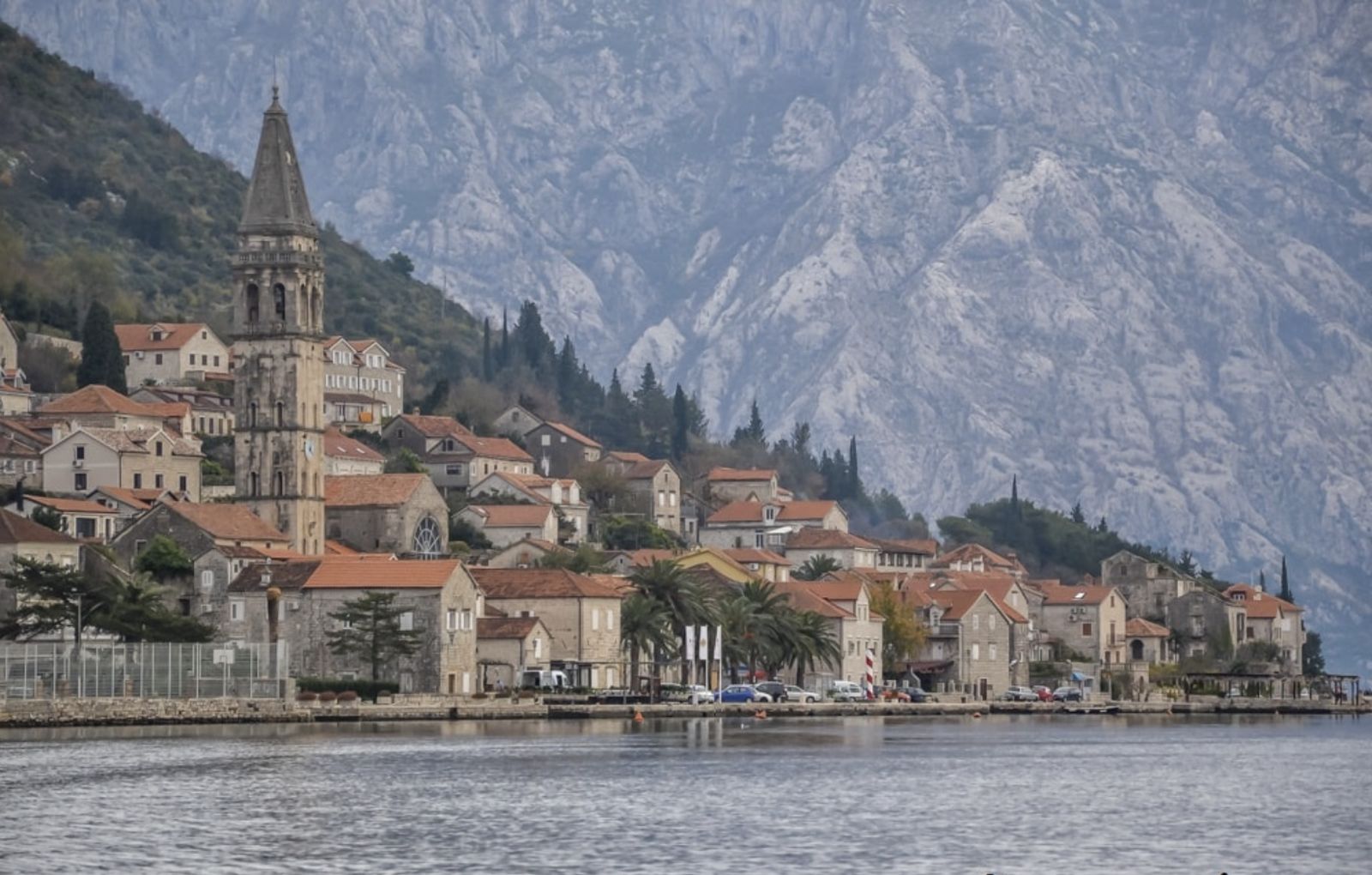 The bell tower and stone houses of Perast on the Bay of Kotor